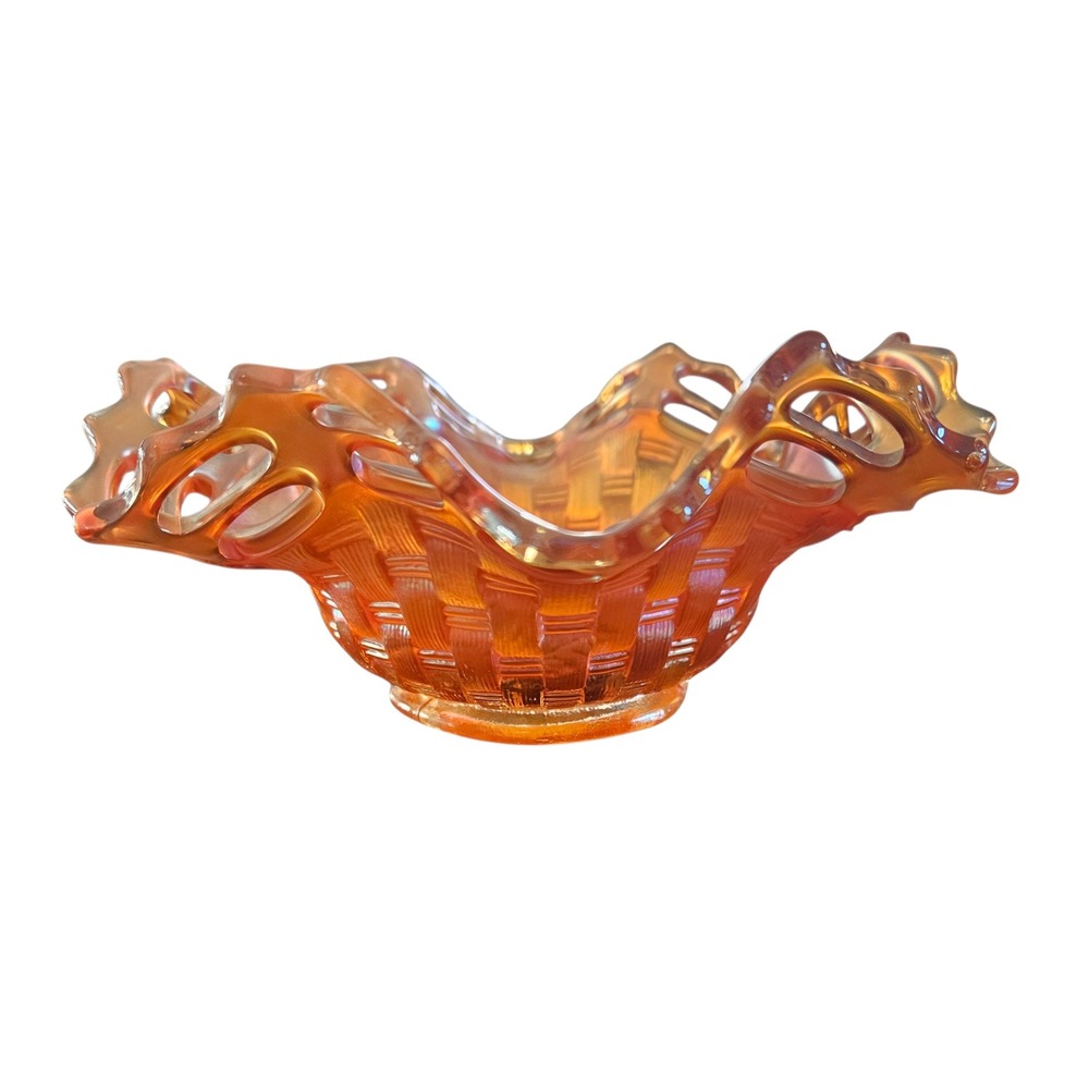 Orange Iridescent Fenton Art‎ Glass Basketweave Hobstar Bowl
